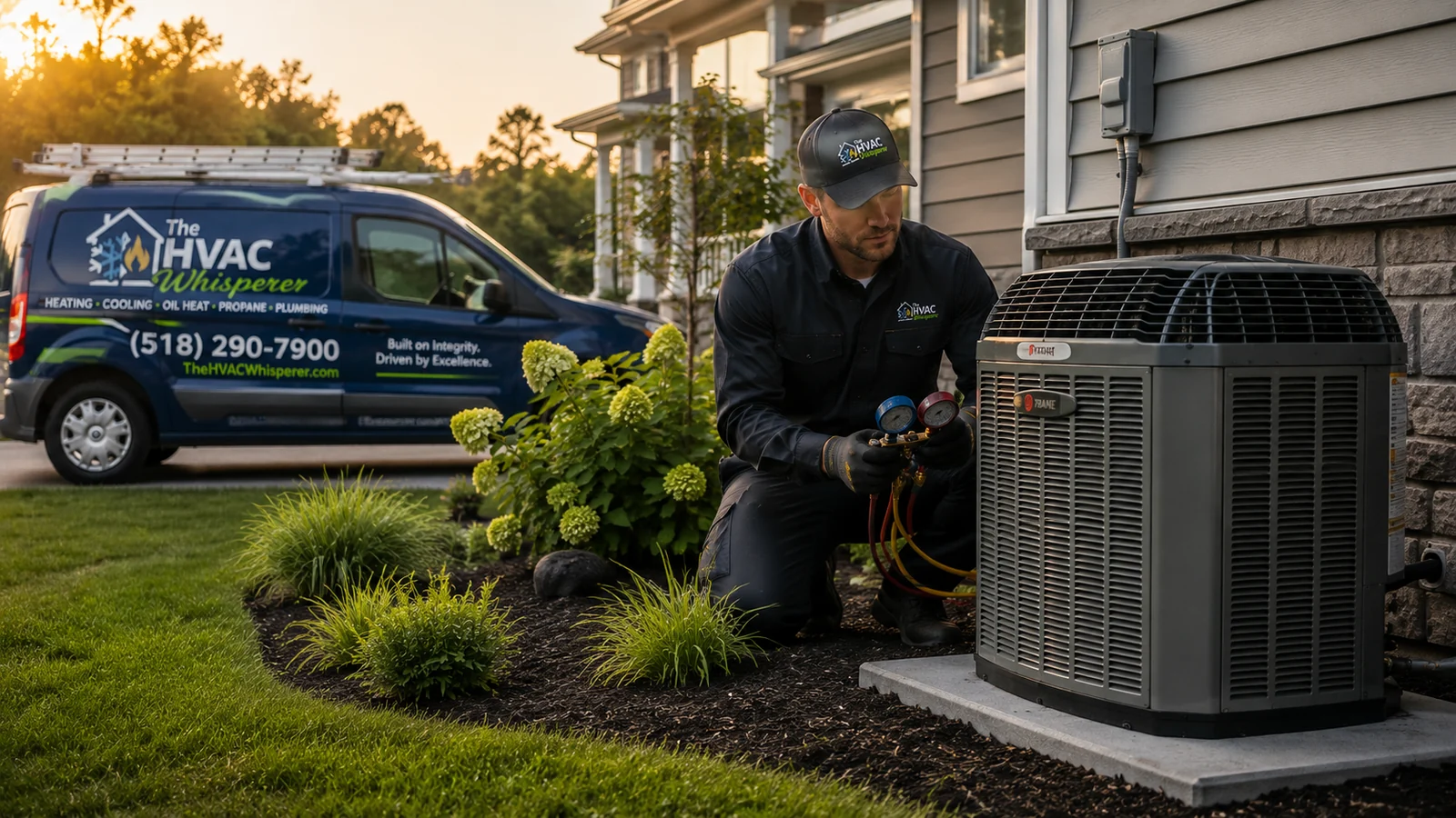 Outdoor air conditioning condenser being checked during a cooling visit
