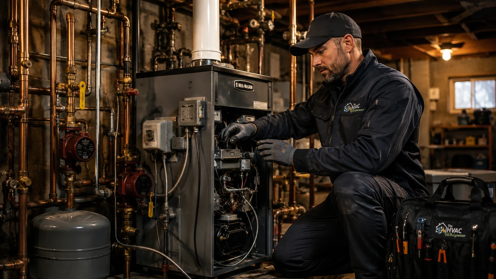 Basement boiler and heating equipment being checked