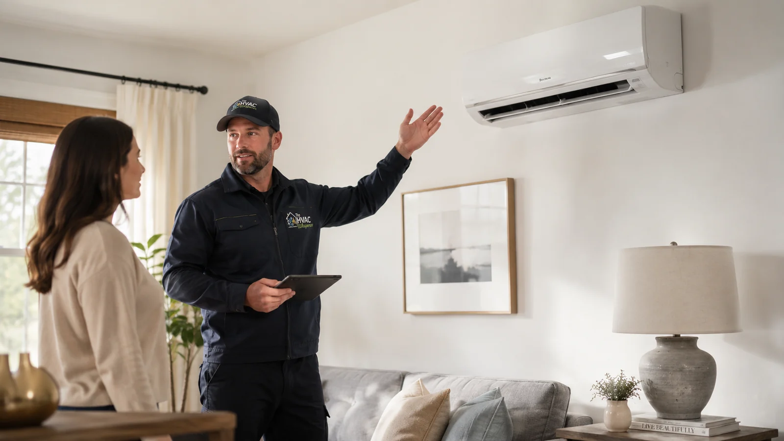 Wall mounted ductless mini split being checked inside a home