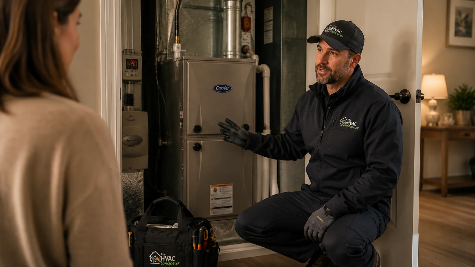 Residential furnace being checked during a heating visit