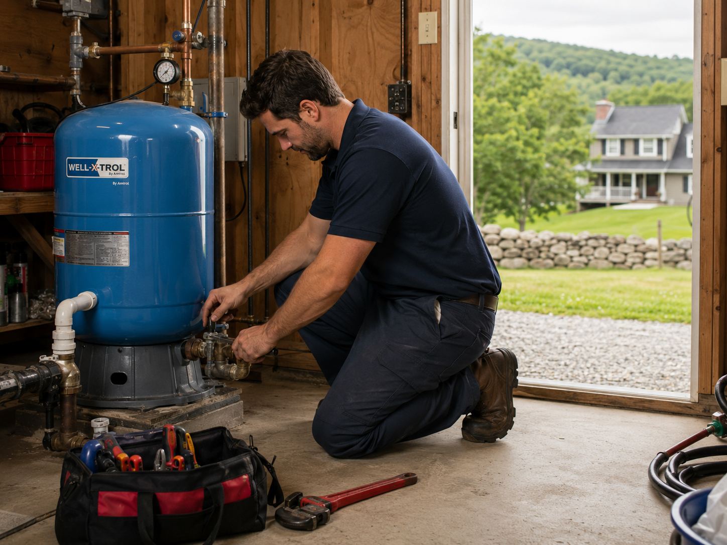 Well pressure tank and water equipment being checked